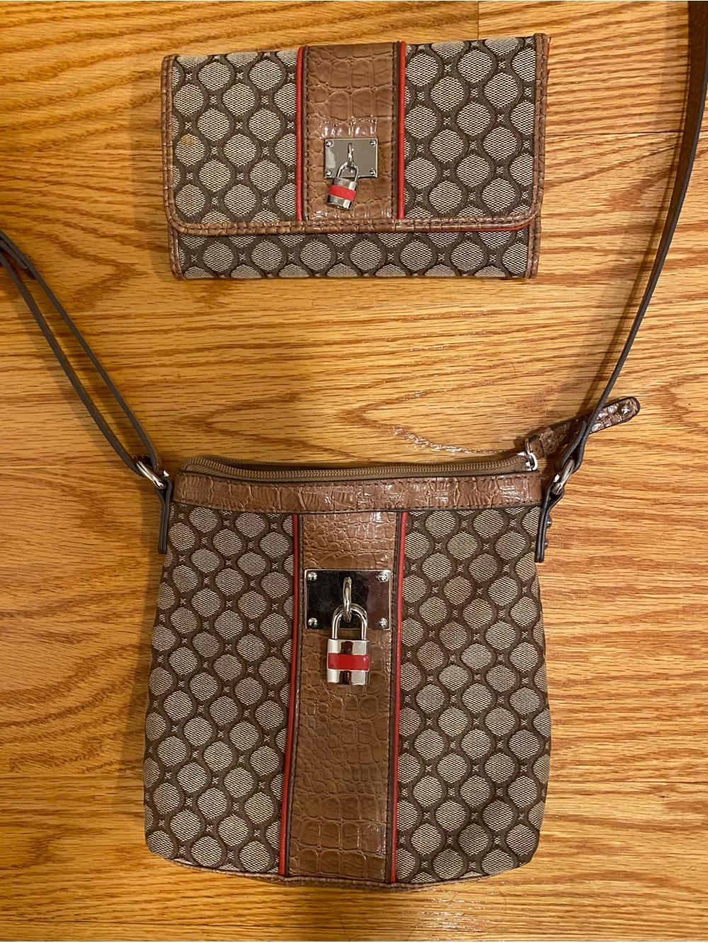 Nine West Brown Patterned Crossbody Bag with Red Accent & Matching Wallet